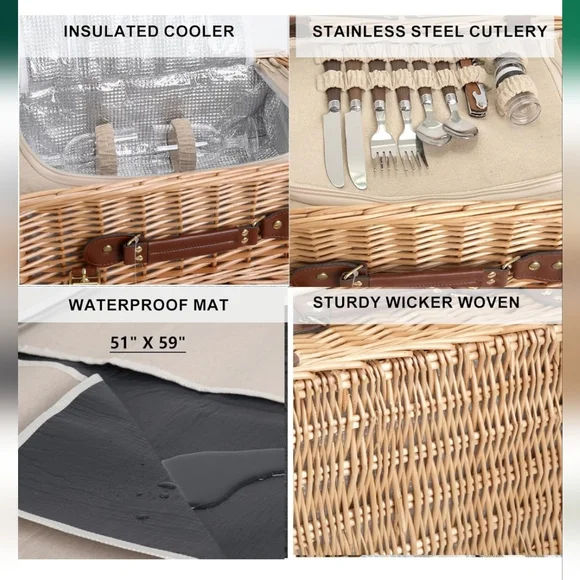 Multifunctional Wicker Picnic Basket Set for 2 with Blanket & Picnic Table - Picture 5 of 11